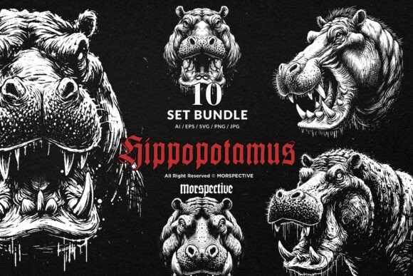 Download 10 Bundle Dark Art Hippopotamus Animal - Bundle Collection